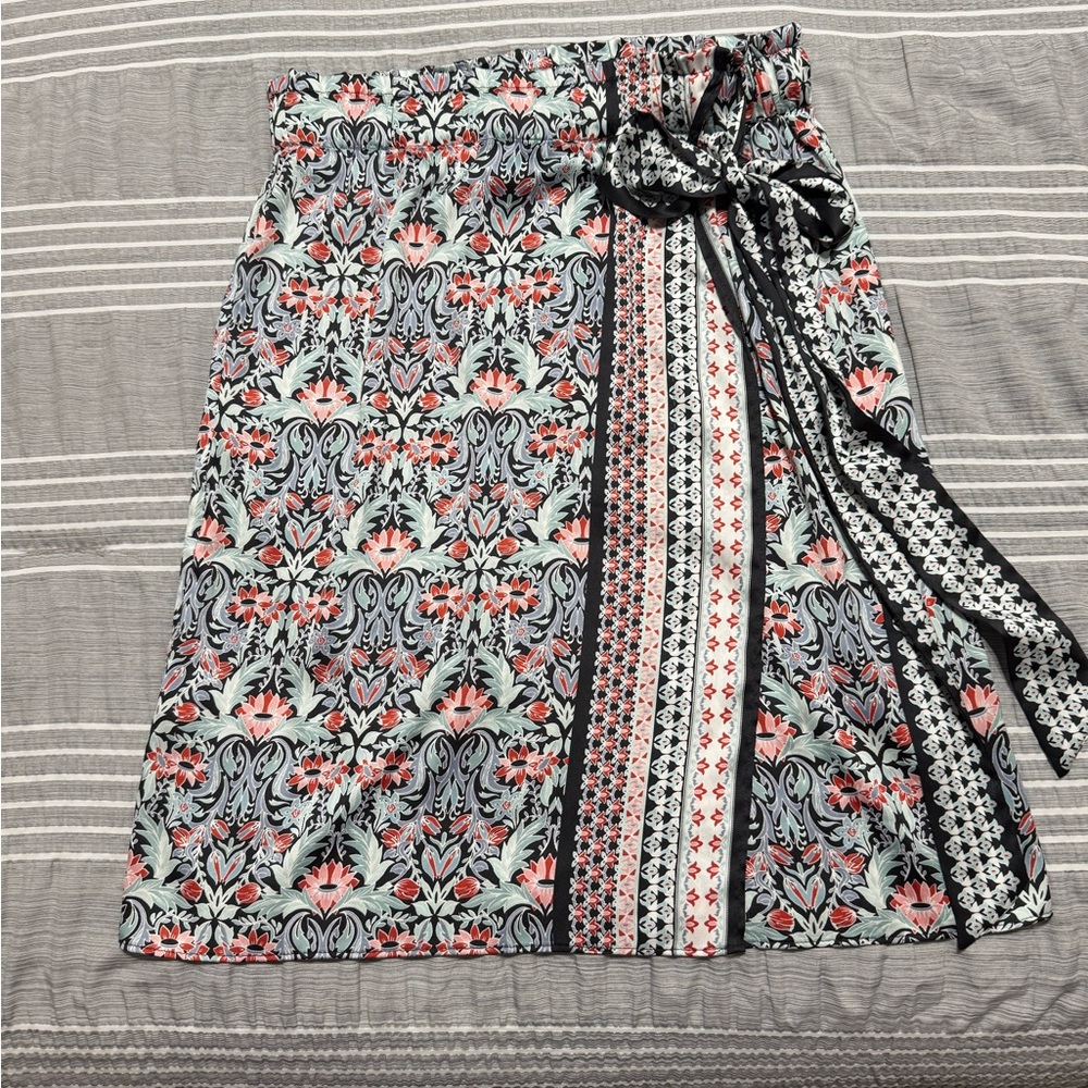 LOFT Floral & Stripe Wrap Skirt in Black, Coral, Mint